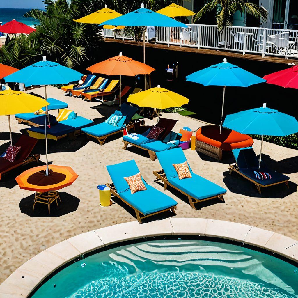 Illustrate a vibrant beach scene transitioning into a lively poolside party, featuring diverse swimwear styles ranging from bikinis to board shorts. Include playful beach elements like surfboards and umbrellas, seamlessly blending into the pool party atmosphere with colorful cocktails, inflatable floats, and sun loungers. Capture the joyful essence of summer and fun, inviting readers to dive into swimwear essentials. super-realistic. vibrant colors. summer vibes.